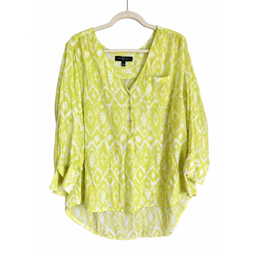 Fred David 1X Lime Green White Ikat Print Blouse Roll Tab Sleeve Boho Top